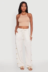 Womens Side Button Detail Linen Pants, White, Size XL