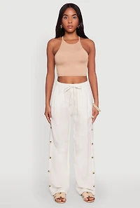 Womens Side Button Detail Linen Pants, White, Size XL