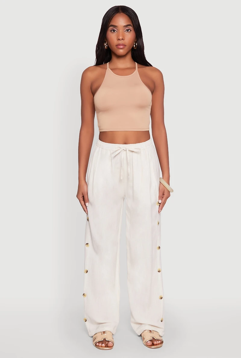 Womens Side Button Detail Linen Pants, White, Size M