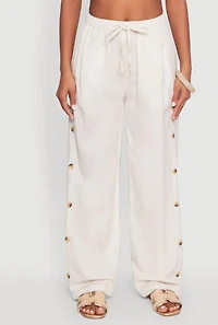 Womens Side Button Detail Linen Pants, White, Size XL