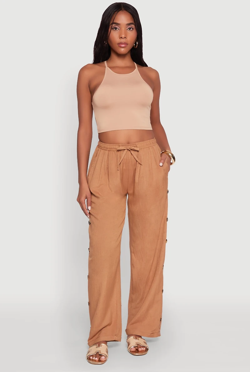 Side Button Detail Linen Pants