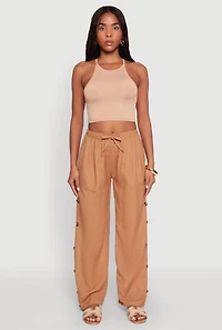 Womens Side Button Detail Linen Pants, Brown, Size L