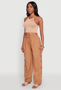 Womens Side Button Detail Linen Pants, Brown, Size L