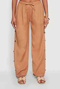 Womens Side Button Detail Linen Pants, Brown, Size L