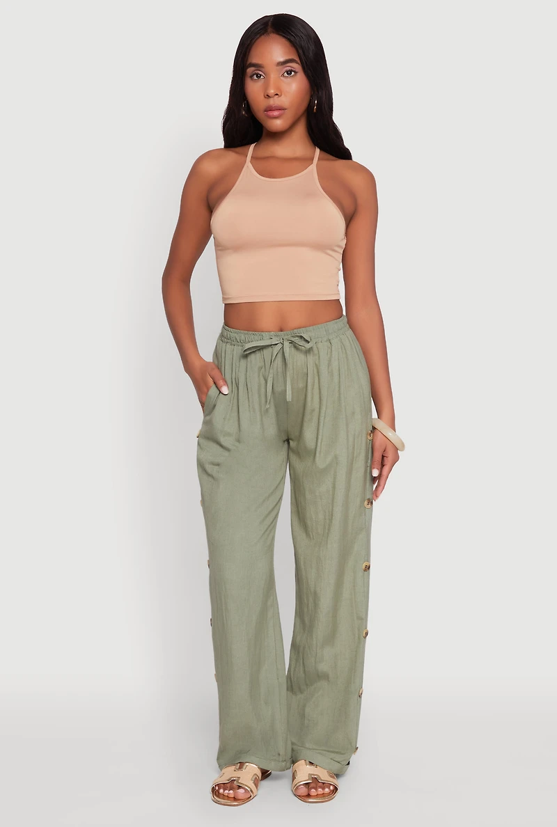 Side Button Detail Linen Pants