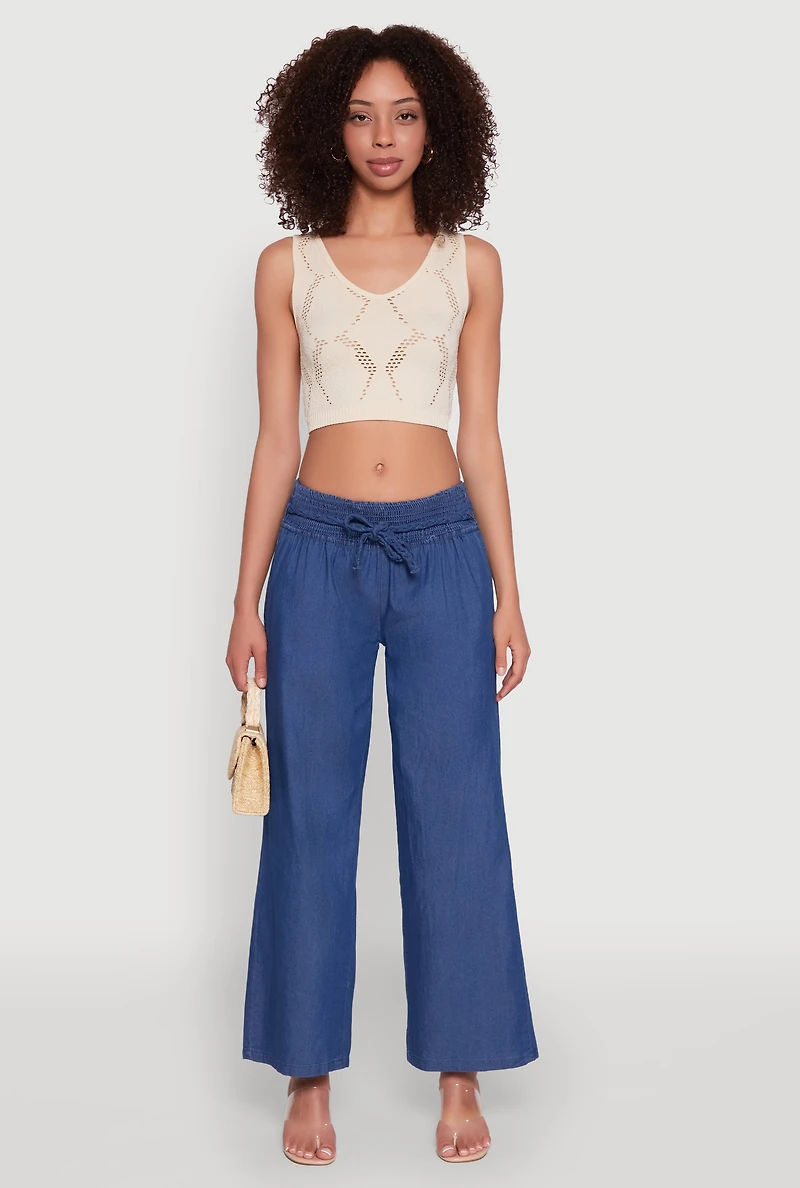 Womens Chambray Tie Waist Belted Pants, Blue,