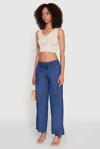 Womens Chambray Tie Waist Belted Pants, Blue, Size L