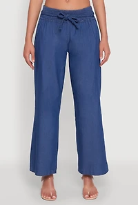 Womens Chambray Tie Waist Belted Pants, Blue, Size L