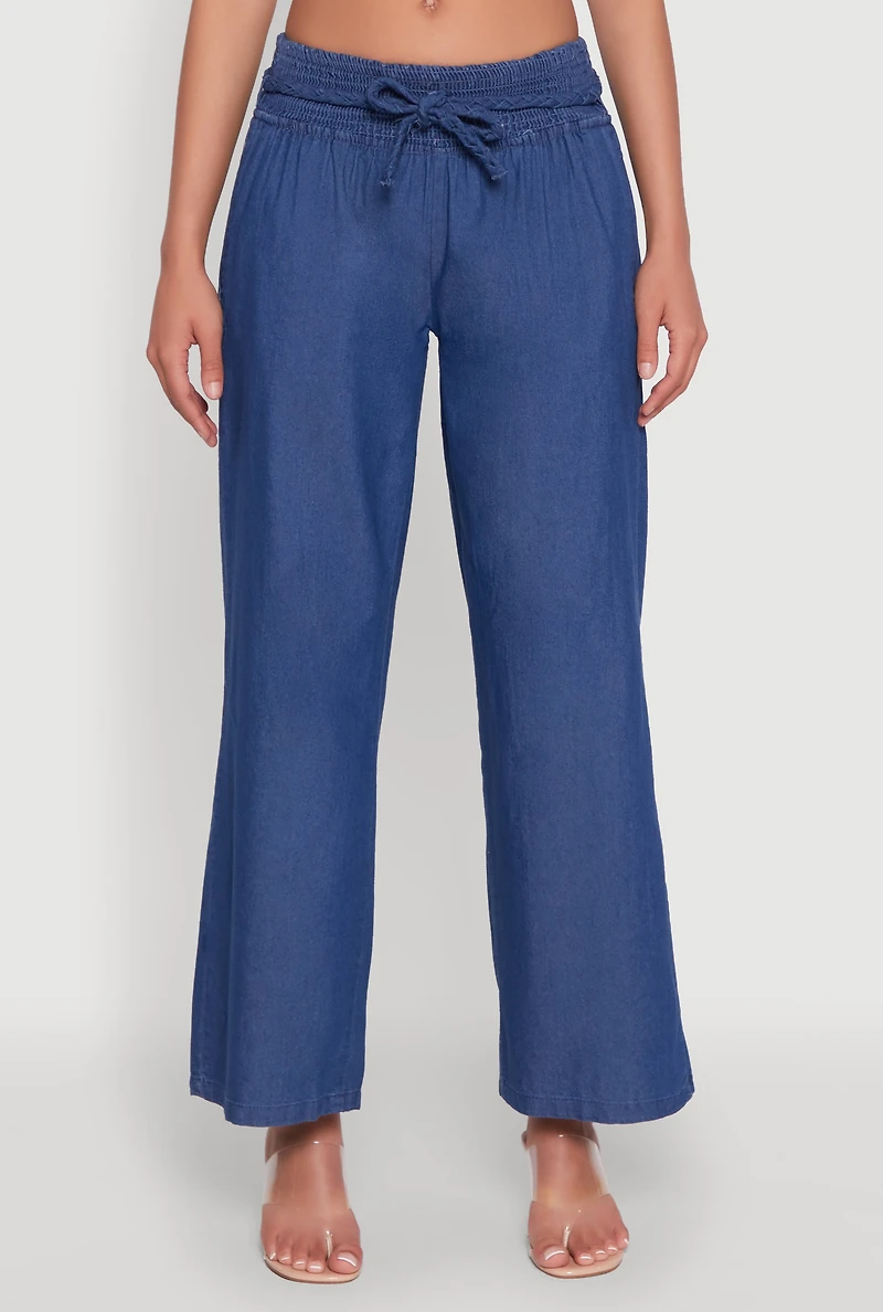 Womens Chambray Tie Waist Belted Pants, Blue,