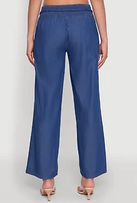 Womens Chambray Tie Waist Belted Pants, Blue, Size L
