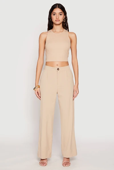 Womens High Waist Wide Leg Dress Pants, Khaki, Size S