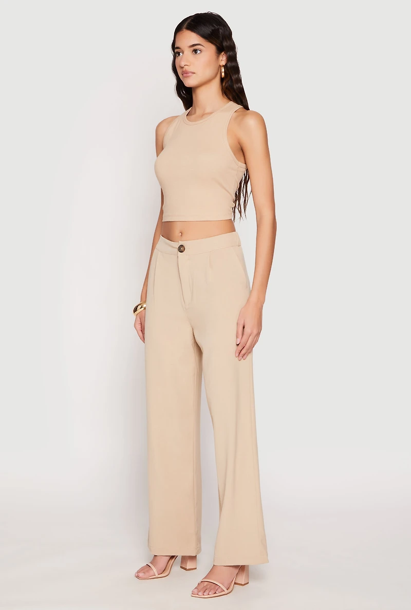 Womens High Waist Wide Leg Dress Pants, Khaki,