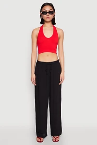 Womens Linen Palazzo Pants, Black, Size S