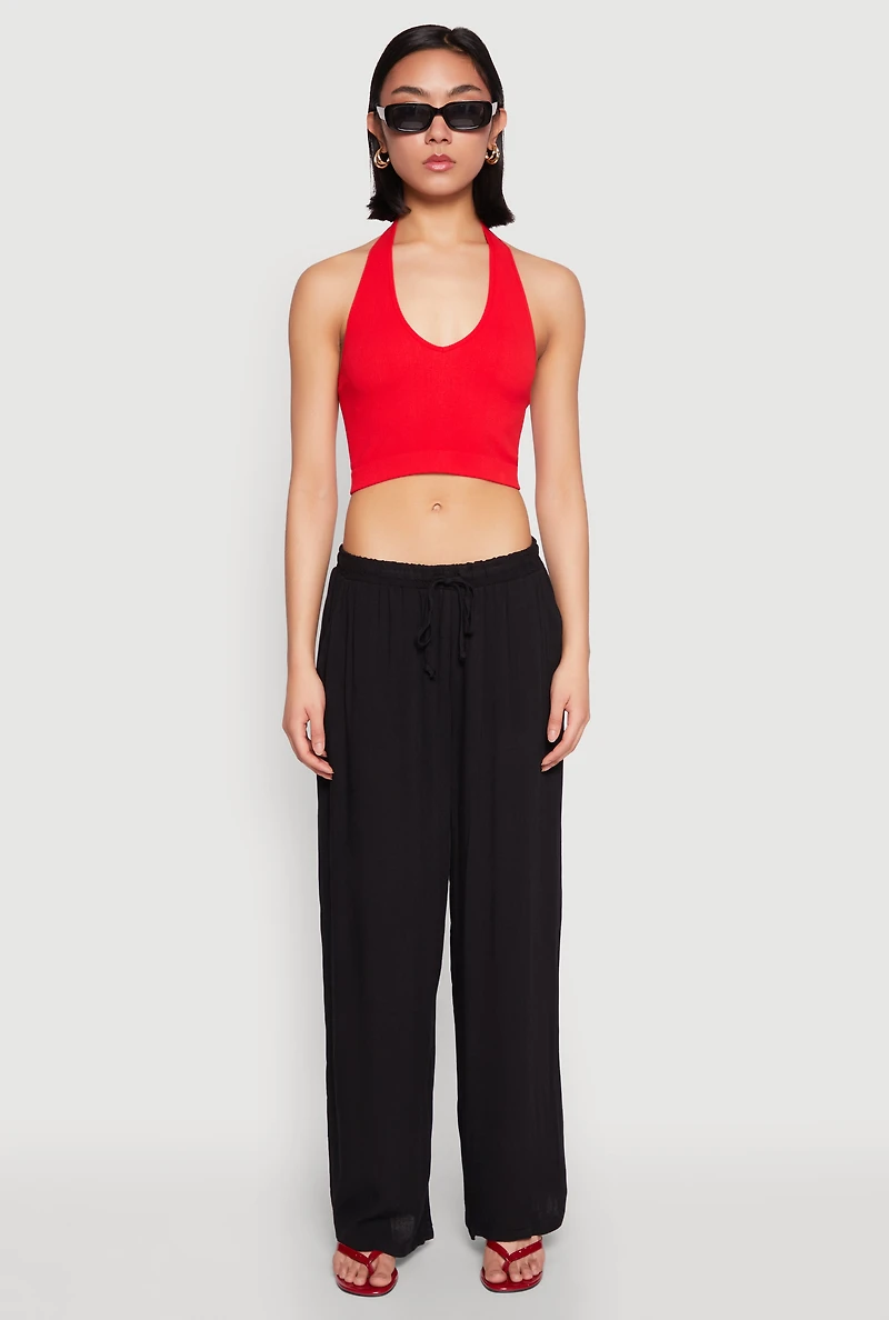 Womens Linen Palazzo Pants, Black, Size L