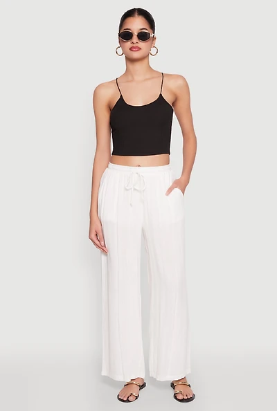 Womens Linen Palazzo Pants, White, Size S