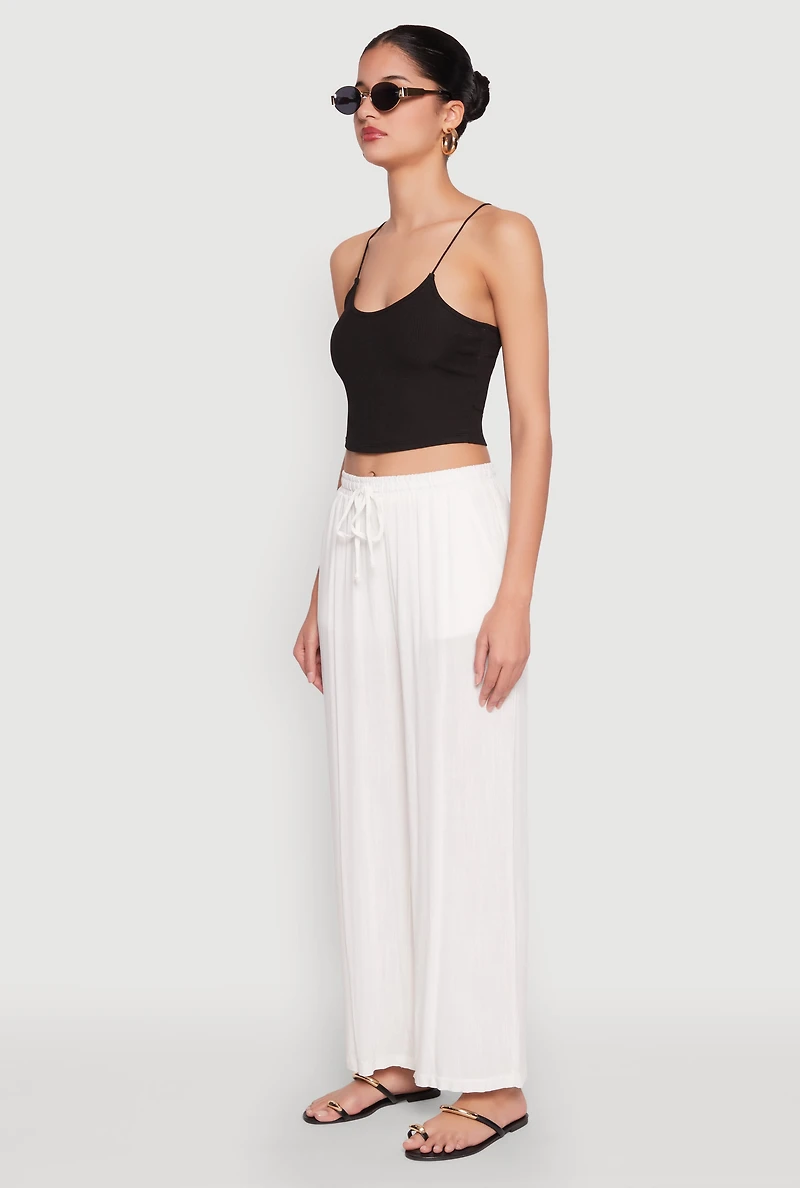 Womens Linen Palazzo Pants, White, Size S