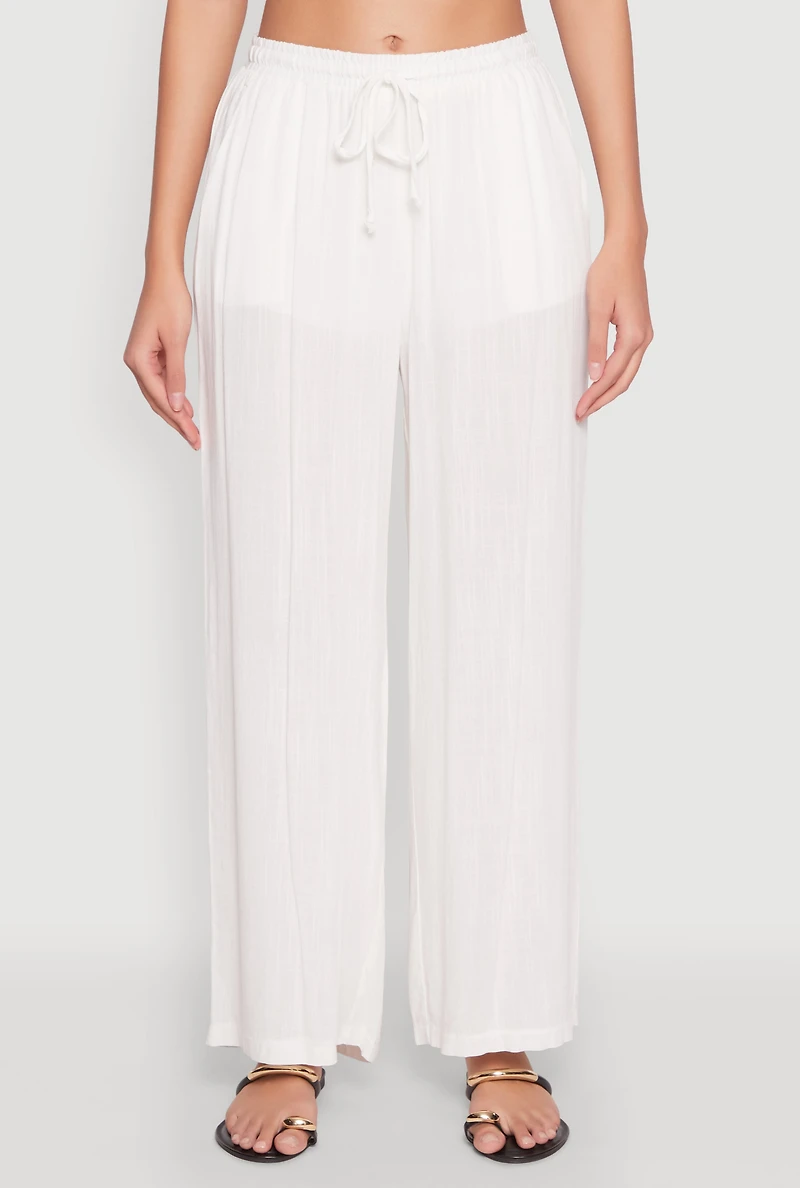 Womens Linen Palazzo Pants, White, Size S