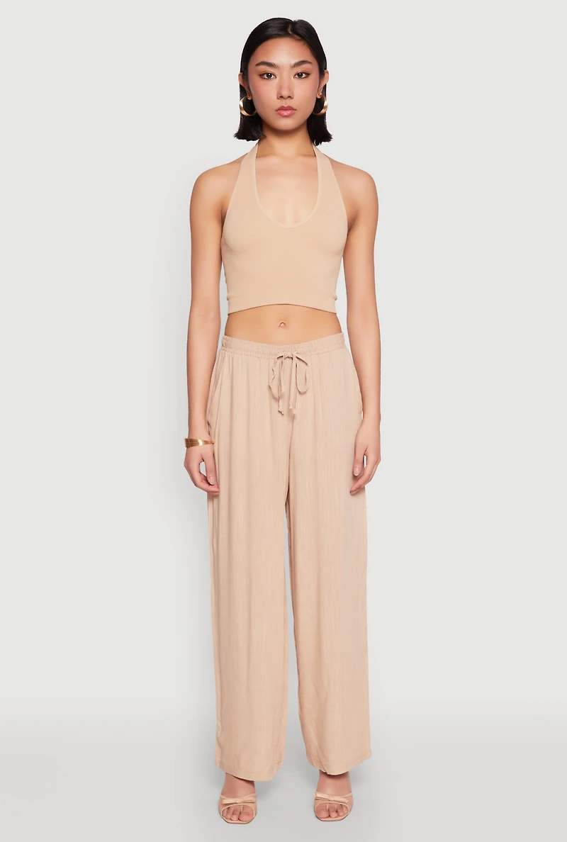 Womens Linen Palazzo Pants, Khaki, Size L