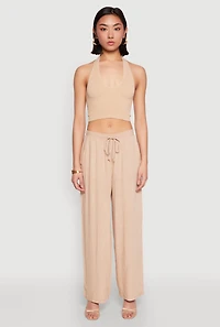 Womens Linen Palazzo Pants, Khaki, Size L