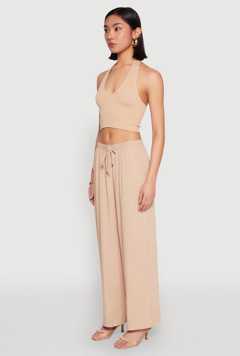 Womens Linen Palazzo Pants, Khaki, Size L