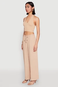 Womens Linen Palazzo Pants, Khaki, Size L