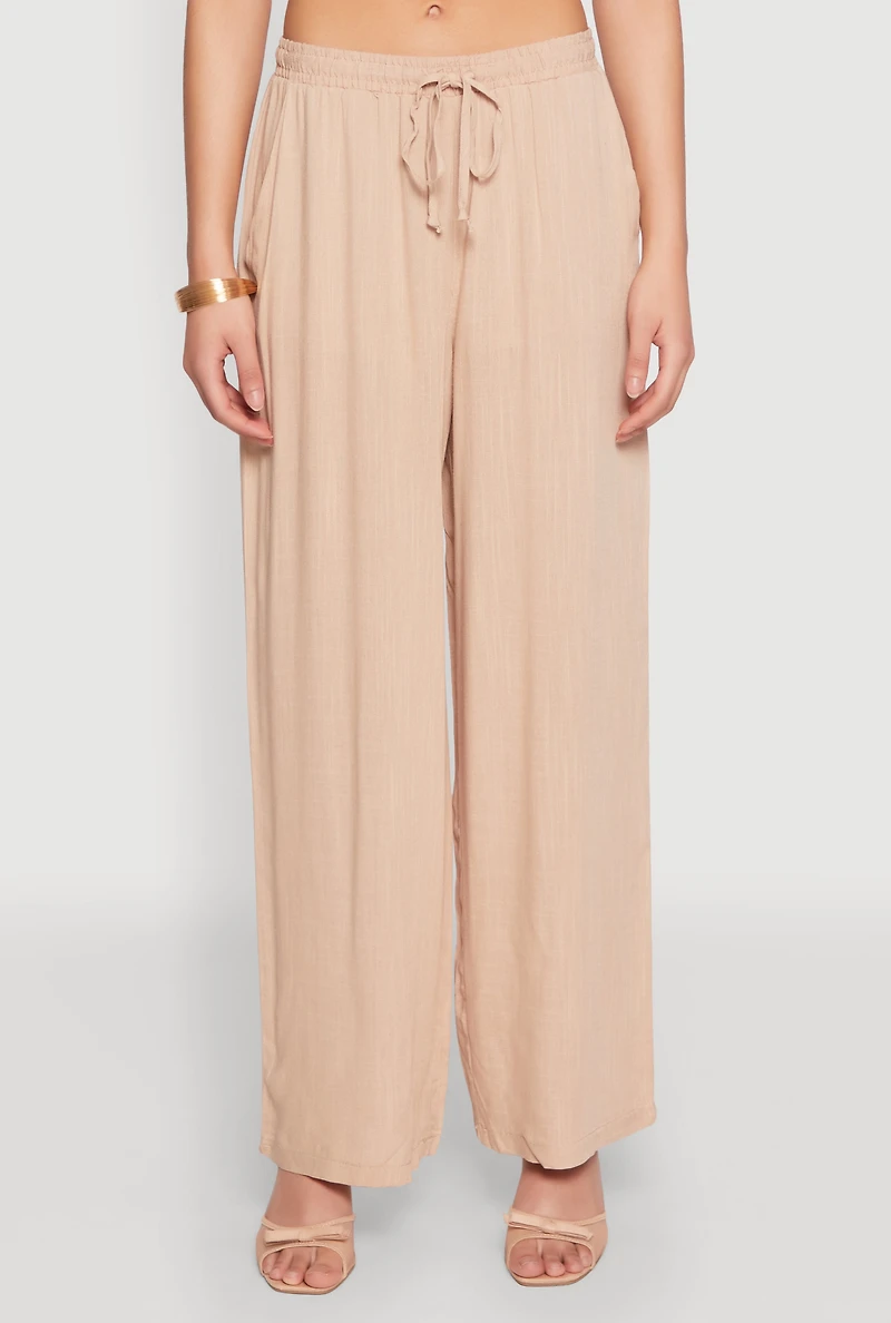 Womens Linen Palazzo Pants, Khaki, Size L