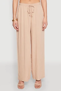 Womens Linen Palazzo Pants, Khaki, Size L