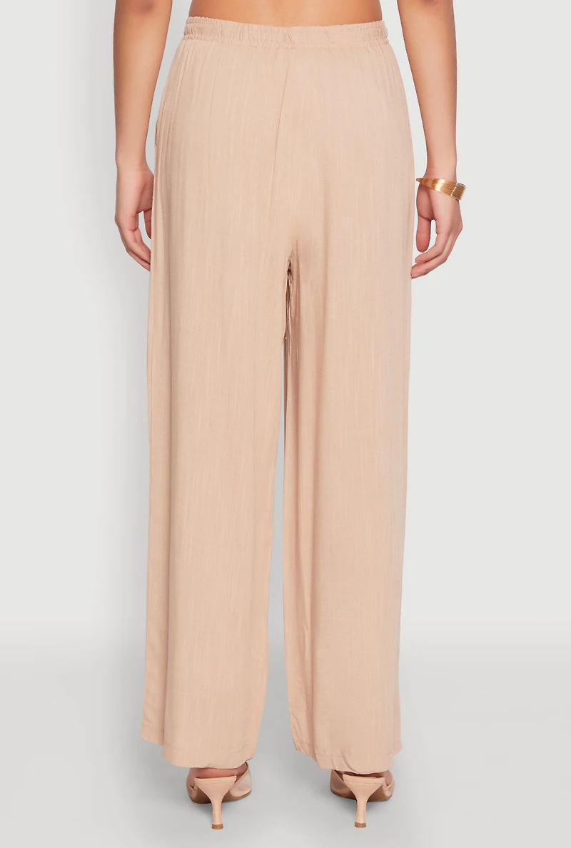 Womens Linen Palazzo Pants, Khaki, Size L