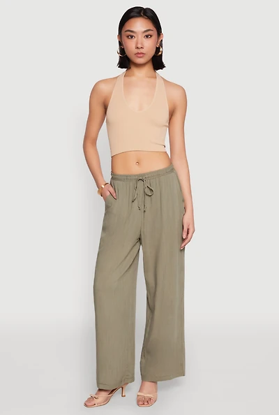 Womens Linen Palazzo Pants, Green, Size S