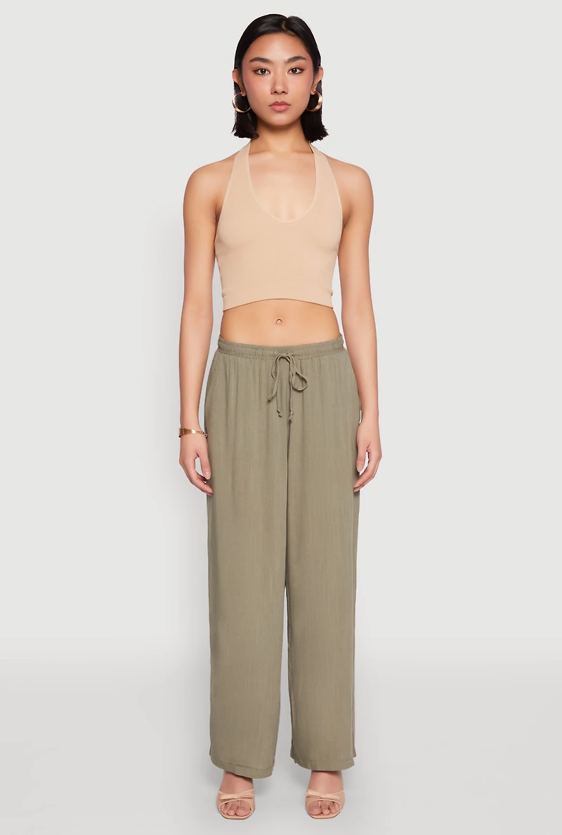 Womens Linen Palazzo Pants, Green, Size S