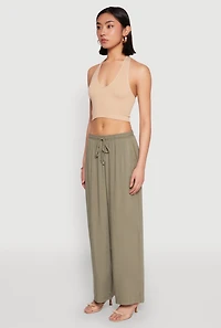 Womens Linen Palazzo Pants, Green, Size S