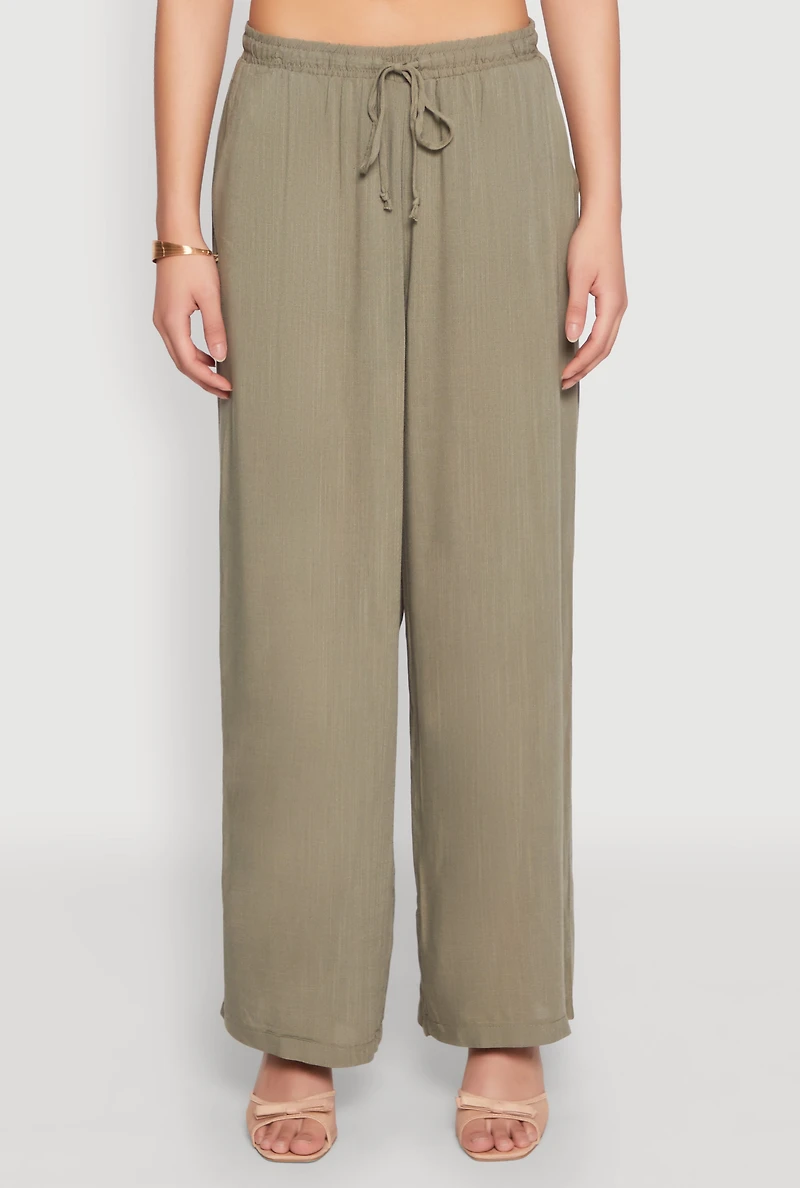 Womens Linen Palazzo Pants, Green, Size S