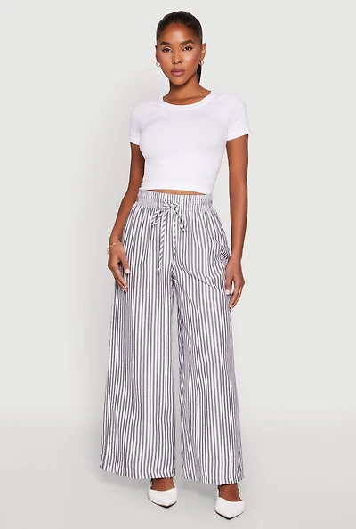Womens Striped Drawstring Wide Leg Pants, Multi, Size M