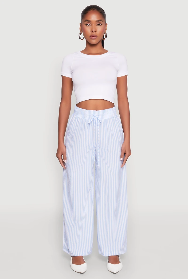 Womens Striped Drawstring Wide Leg Pants, Blue, Size S