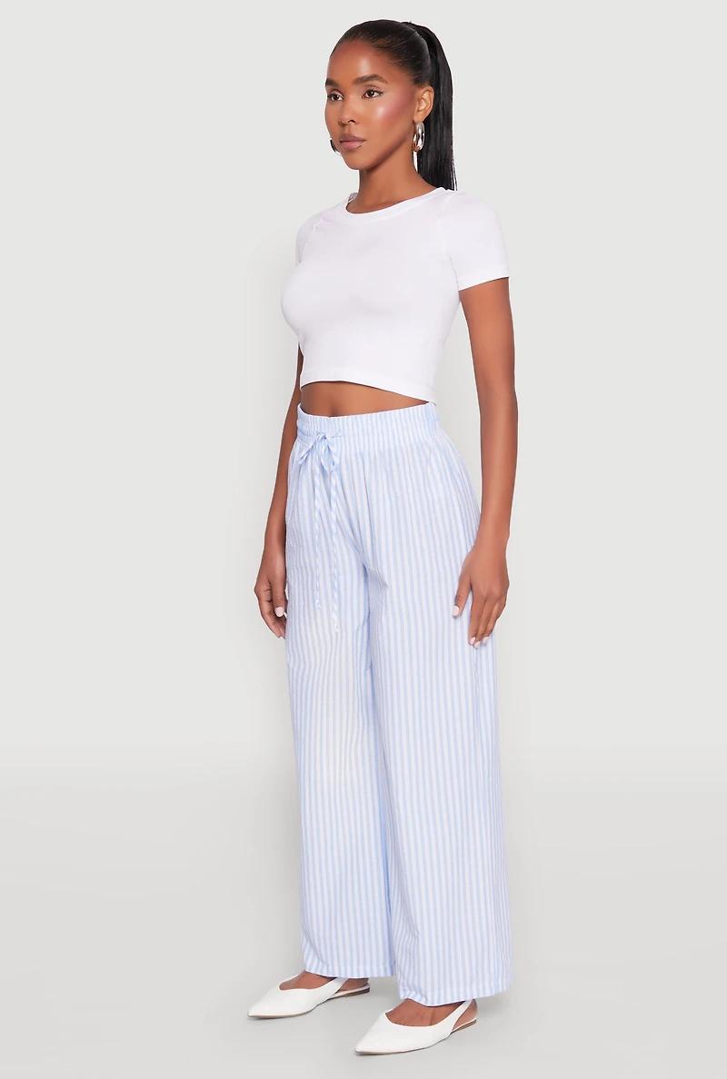 Womens Striped Drawstring Wide Leg Pants, Blue, Size S