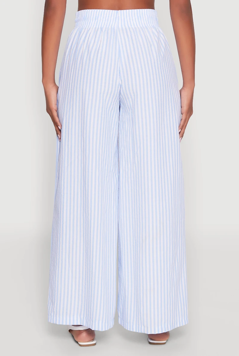Womens Striped Drawstring Wide Leg Pants, Blue, Size S