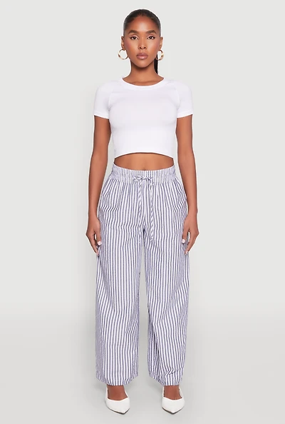 Womens Striped Drawstring Wide Leg Pants,