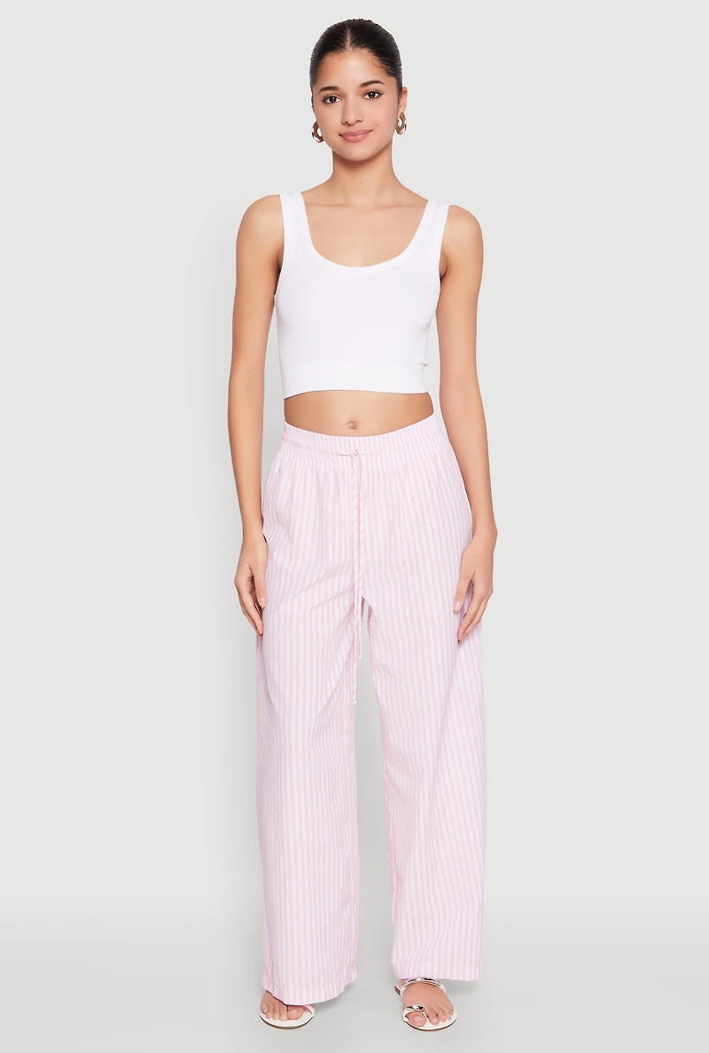 Womens Striped Drawstring Wide Leg Pants, Pink, Size L