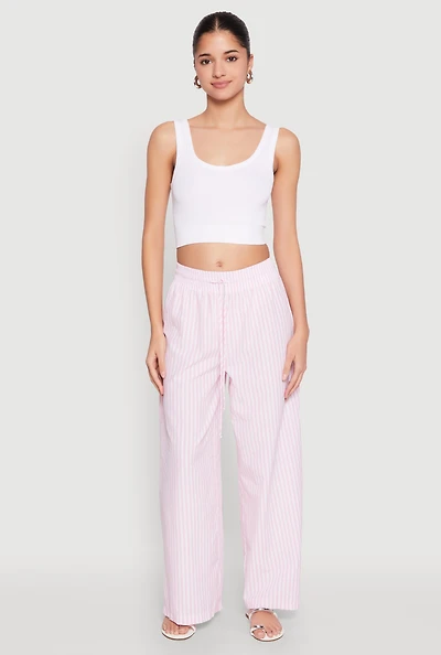 Womens Striped Drawstring Wide Leg Pants, Pink, Size L