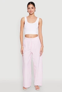 Womens Striped Drawstring Wide Leg Pants, Pink, Size L