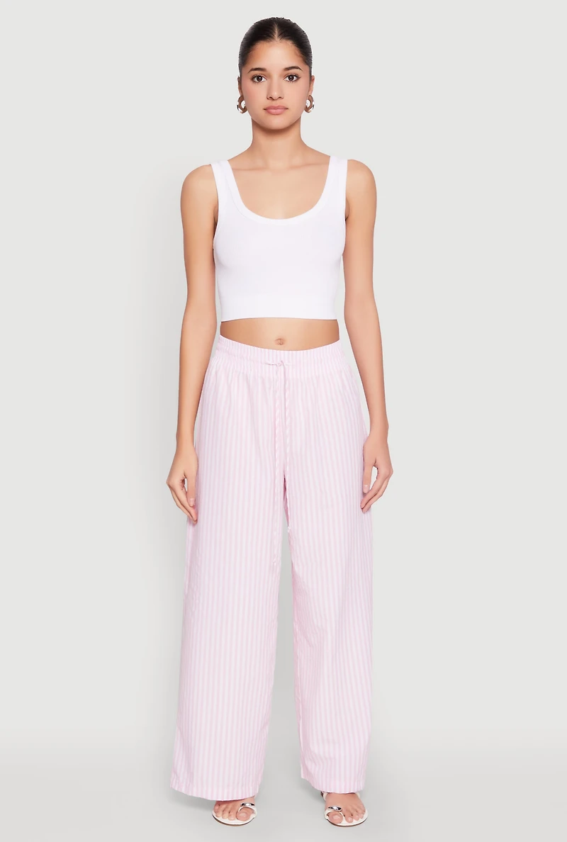 Womens Striped Drawstring Wide Leg Pants, Pink, Size L