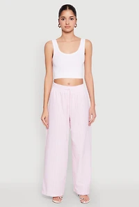 Womens Striped Drawstring Wide Leg Pants, Pink, Size L