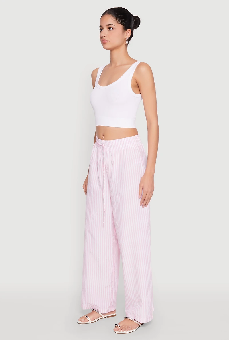 Womens Striped Drawstring Wide Leg Pants, Pink, Size L