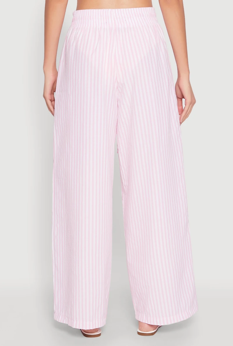 Womens Striped Drawstring Wide Leg Pants, Pink, Size L