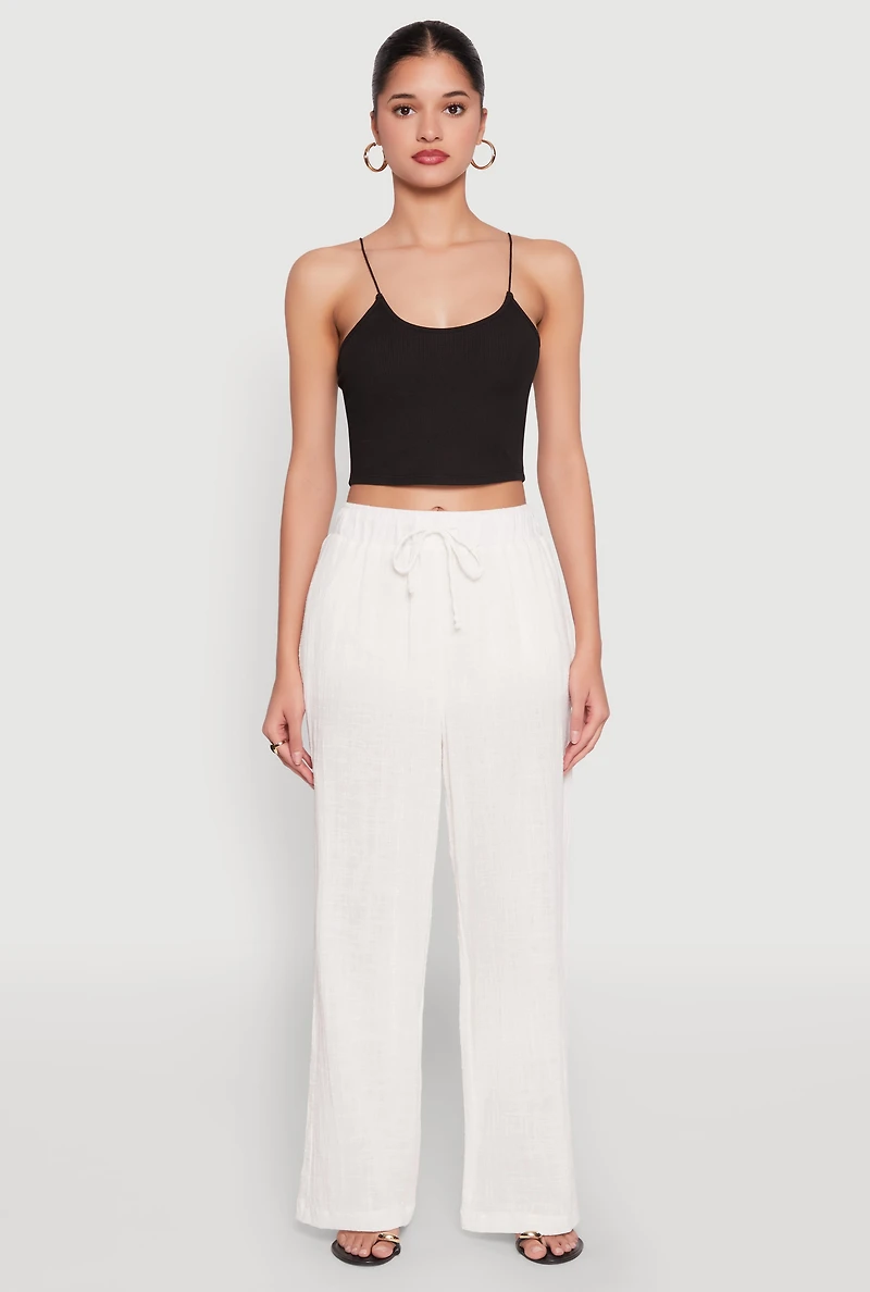 Womens Gauze Knit Wide Leg Pants, White, Size S