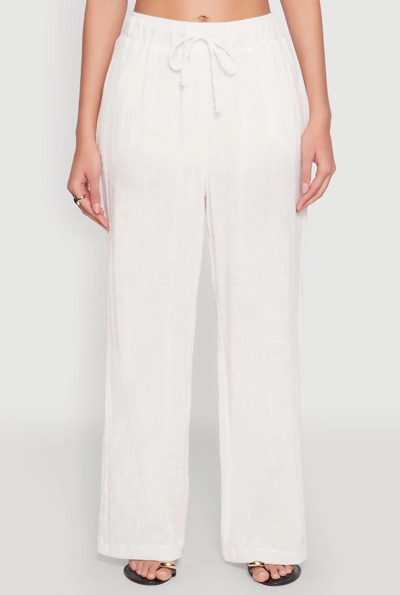 Womens Gauze Knit Wide Leg Pants, White, Size S
