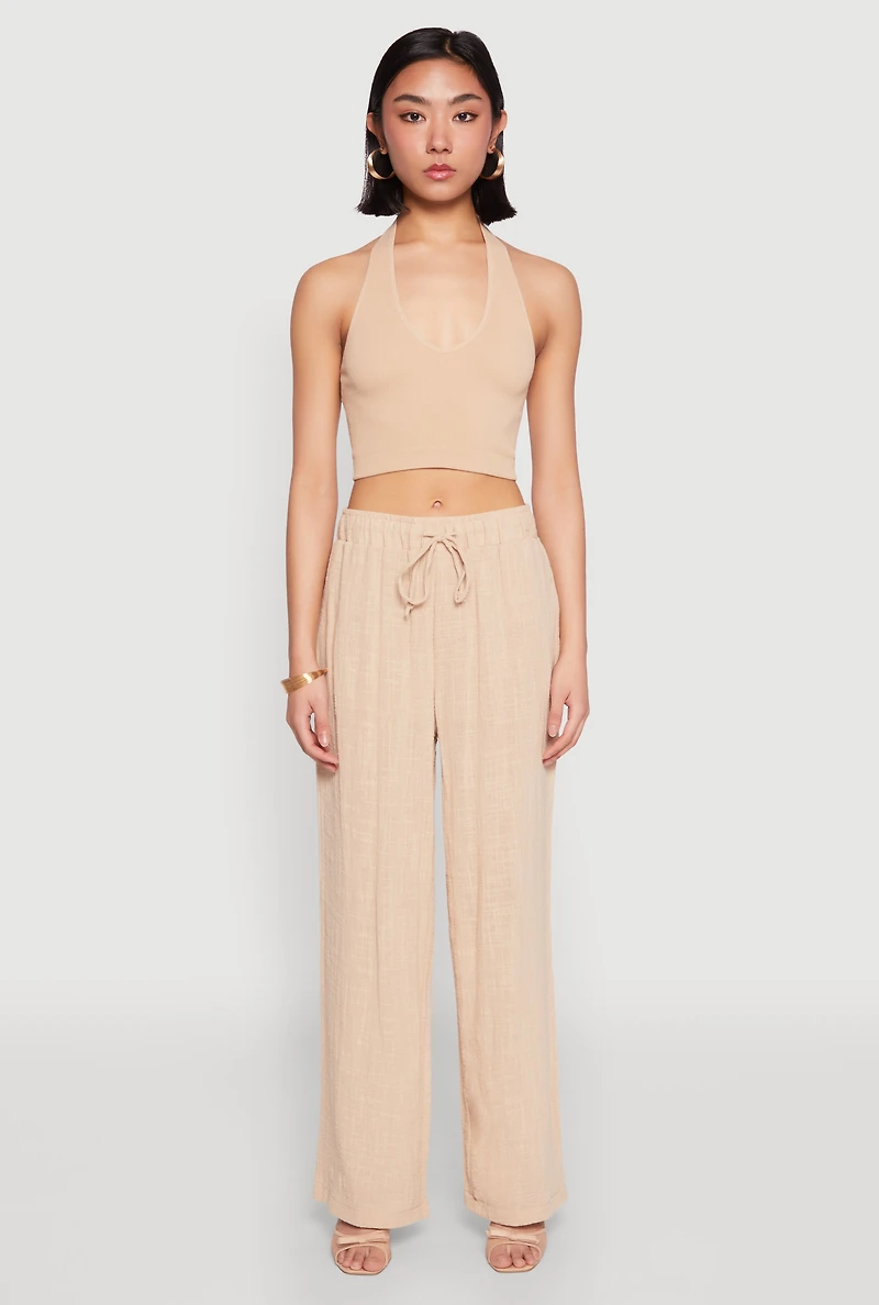 Womens Gauze Knit Wide Leg Pants, Khaki, Size L