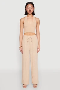 Womens Gauze Knit Wide Leg Pants, Khaki, Size L