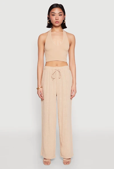 Womens Gauze Knit Wide Leg Pants, Khaki, Size S