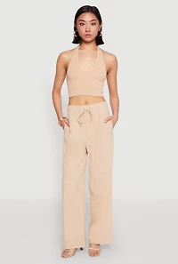 Womens Gauze Knit Wide Leg Pants, Khaki, Size L